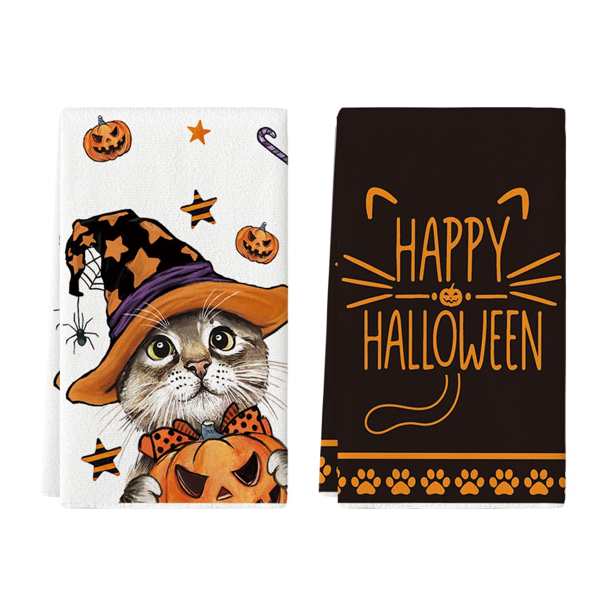 Artoid Mode Cat Pumpkins Hat Happy Halloween Kitchen Towels Dish Towels, 18x26 Inch Decoration Hand Towels Set of 2