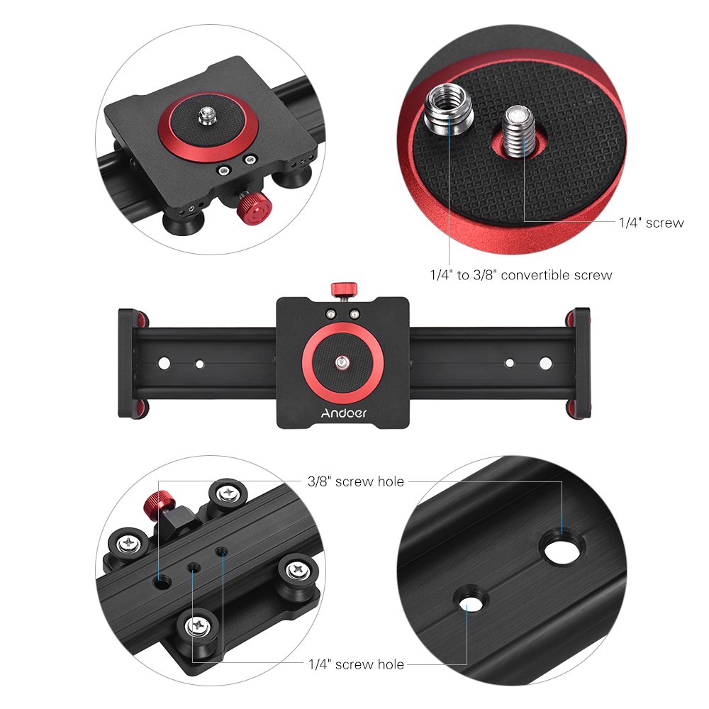Andoer Camera Slider, 30cm/12 inch aluminiumlegering, belasting tot 12 lbs, voor DSLR Camera, Camcorder, Filmfotografie, Rood/Zwart