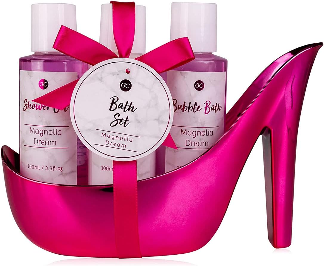 Accentra – Set de baño set de regalo para mujer MÁRMOL con tacón alto – Set de cuidado de 3 piezas con Gel de ducha, baño de burbujas y loción corporal – cumpleaños, San Valentín y Navidad (rosa)