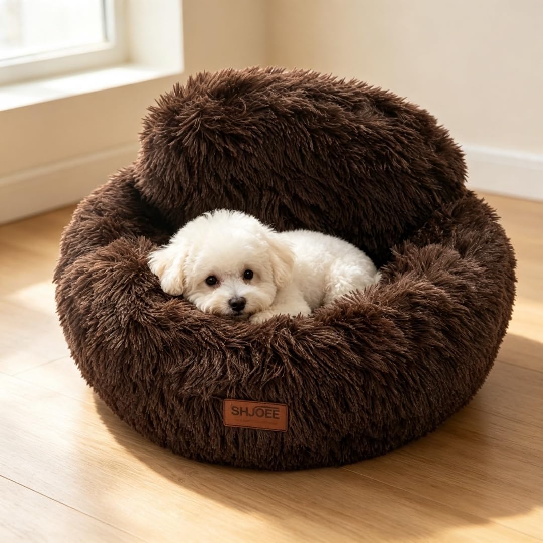 Cama para perros de peluche, suave, mullida, con borde alto y forro polar acogedor, para gatos y perros pequeños y medianos, transpirable y cálida, lavable (marrón café, 60 cm)