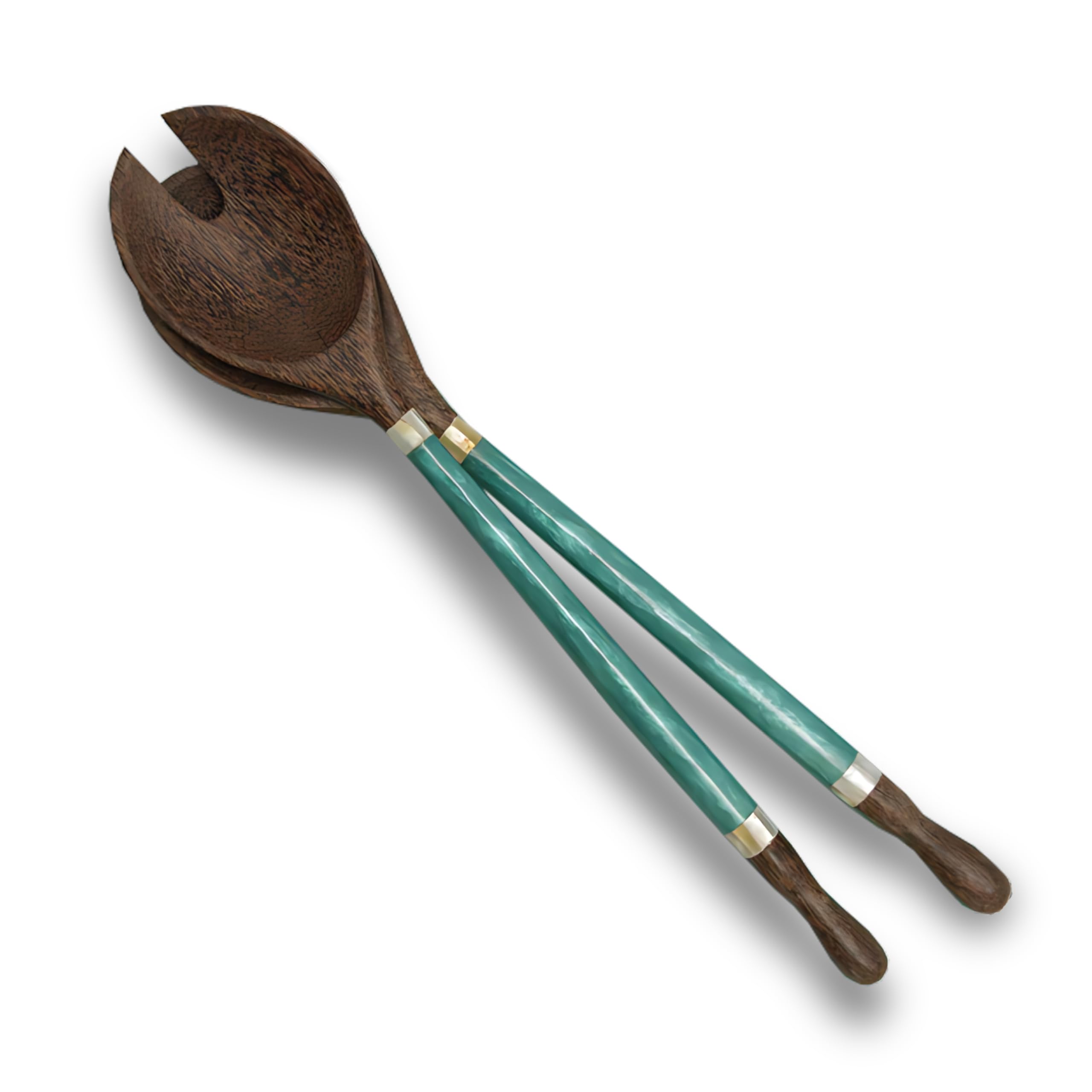 Wooden Salad Servers with Teal Capiz Shell Inlay - Handmade, Sustainable 14-Inch Spoon and Fork Set - Versatile Serving Utensils for All Dishes, Made in Bali (Teal Capiz | Palm Wood)