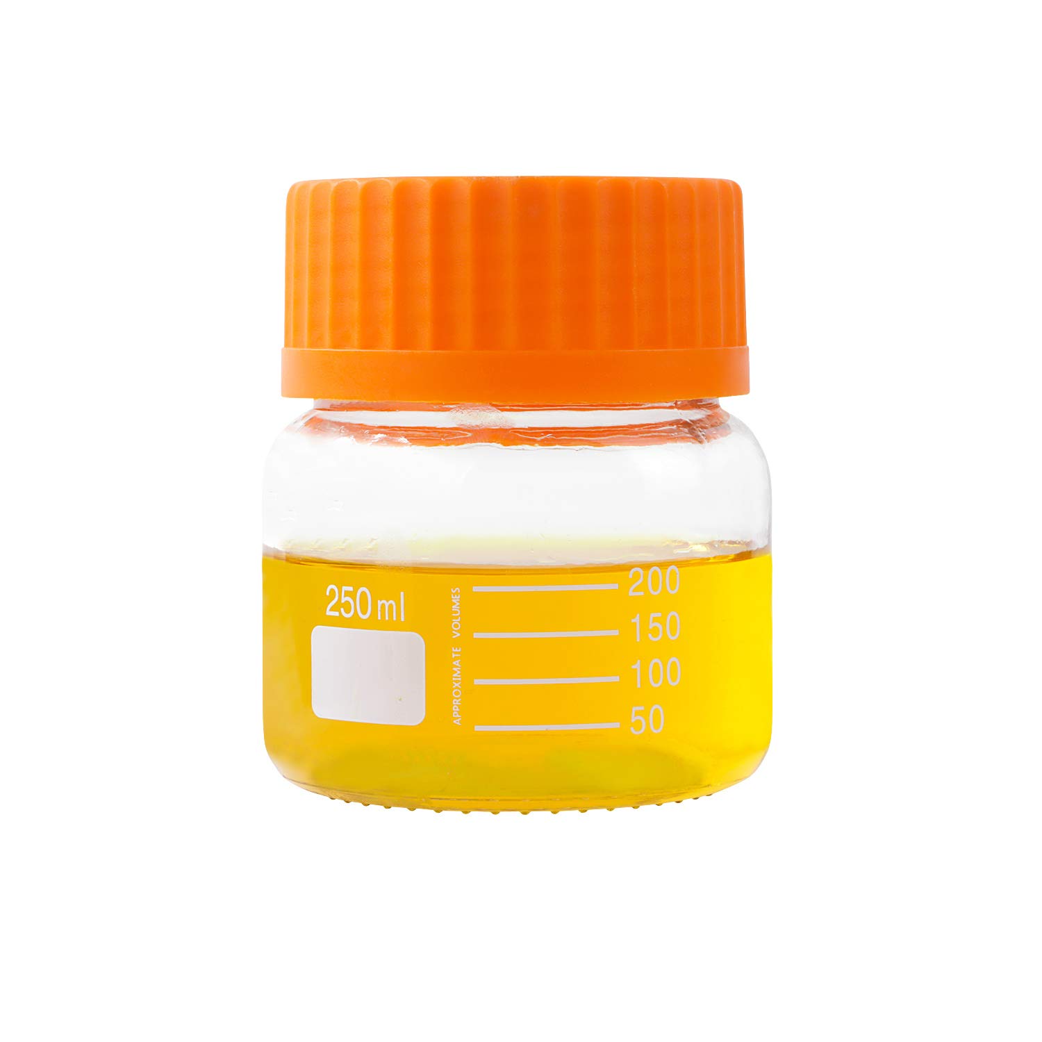 Pyrex - Paquete de 6 botellas de vidrio redondas graduadas de boca ancha de 250 ml con tapón de rosca de polipropileno naranja GL80