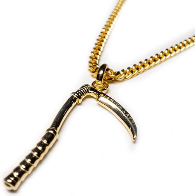 PREMIUM LABEL Reaper Luxury 18k Gold Plated on .925 Sterling Silver Scythe Charm Punk Rock Death Chain Necklace