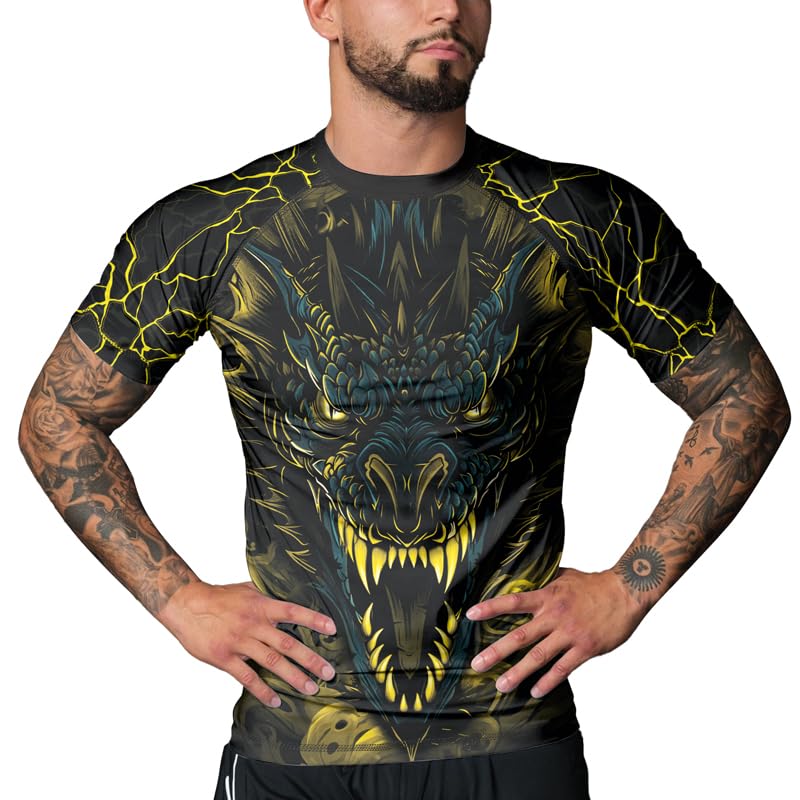 Dragon Men's Short Sleeve Rash Guard Shirt Base Layers Compression Fit Skin Tops for MMA BJJ Jiu Jitsu Training4