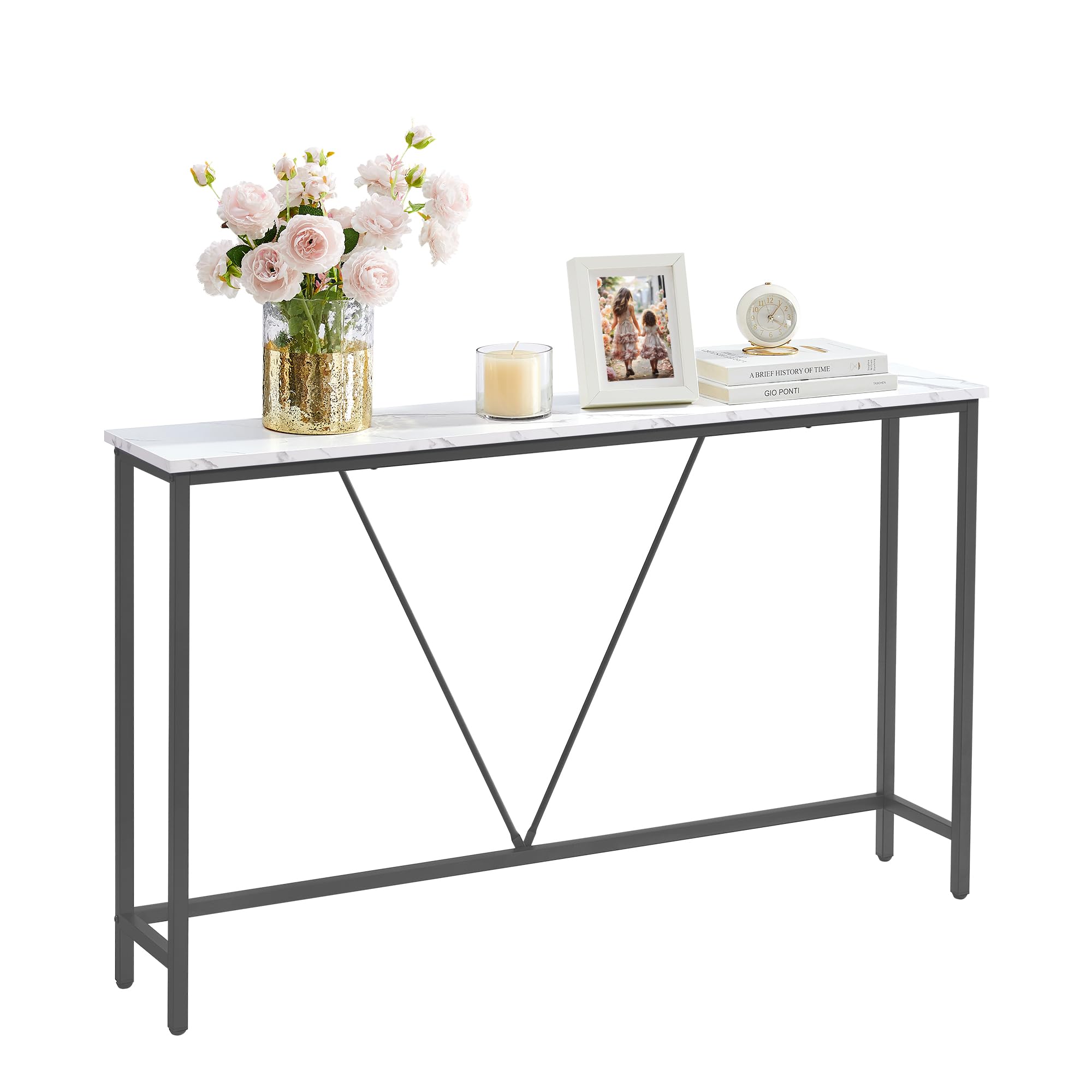 VASAGLE Console Sofa Table, Narrow Entryway Table, for Living Room, Bedroom, Easy Assembly, Marble White and Ink Black ULNT020W01 Marble White + Ink Black