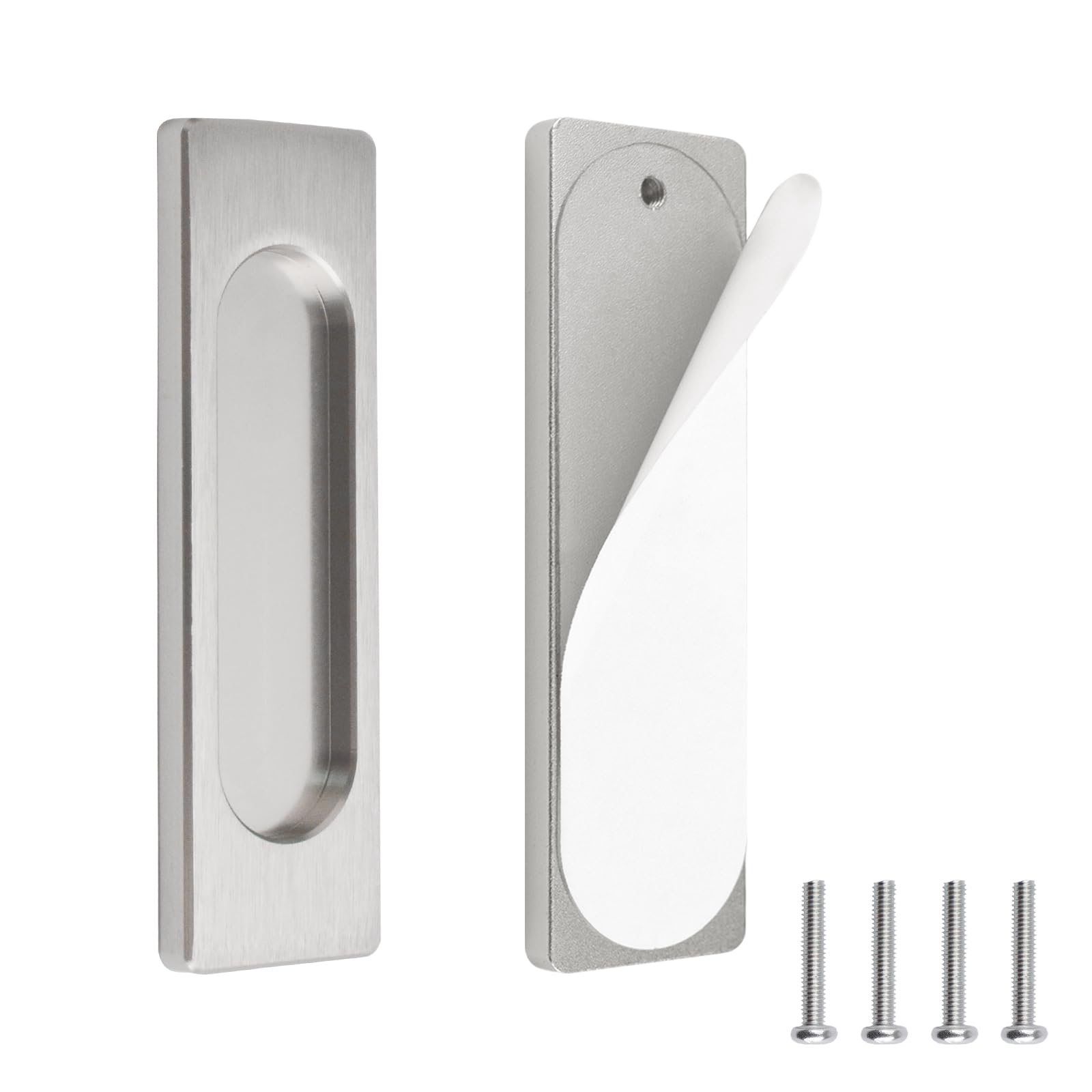 MOROBOR Self-Stick Rectangular Sliding Door Pulls, 2pcs Aluminum Alloy Flush Pull Punch-Free Handle for Sliding Barn Door Windows Cabinets (Brushed Steel,100mm)