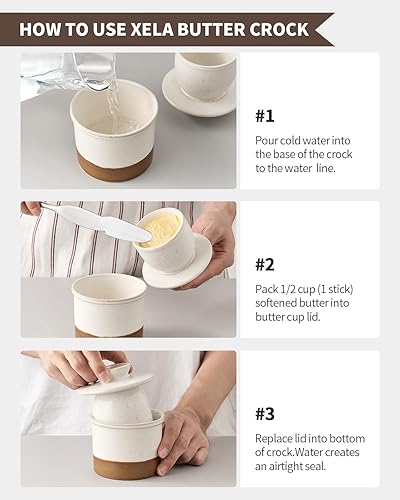 Miniatura 6 de XELA Ceramic Butter Crock, el esmalte reactivo original de dos colores, plato de mantequilla con línea de agua para untar mantequilla fresca - Latte