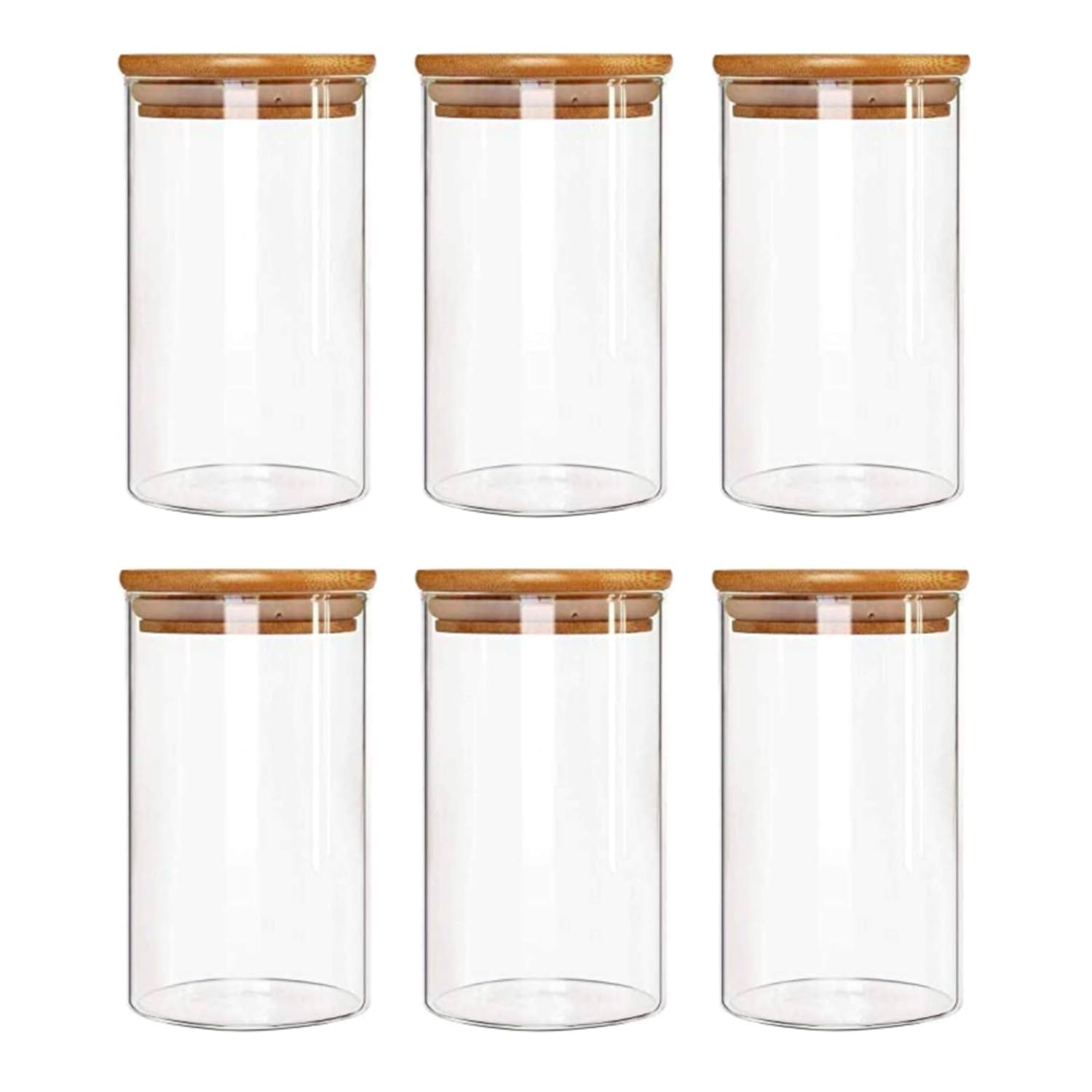 Jinelza Borosilicate Spice Jars with Airtight Bamboo Lid Kitchen Food Storage Container Set With Natural Bamboo Lids For Candy, Cookie, Rice, Sugar, Flour, Pasta, Nuts (320ML JARS, 6 PCS)