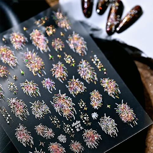 Gold Firework Nail Art Stickers 5D Embossed Glitter Holiday Nail
