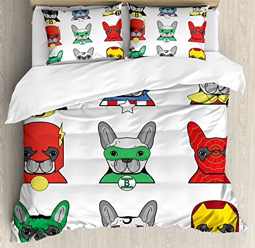 Ambesonne Superhero Duvet Cover Set, Bulldog Superheroes Fun Cartoon Puppies in Disguise Costume Dogs Print, Decorative 3 Piece Bedding Set with 2 Pillow Shams, Queen Size, White Grey