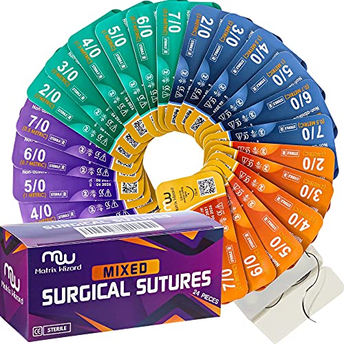 Mixed Sutures Thread with Needle - 24Pk Sterile Nylon, Polyester, Silk, Polypropylene: 2-0, 3-0, 4-0, 5-0, 6-0, 7-0: Practicing Suturing Skills; Student s Hospital ER Training; First Aid Demo; Vet Use
