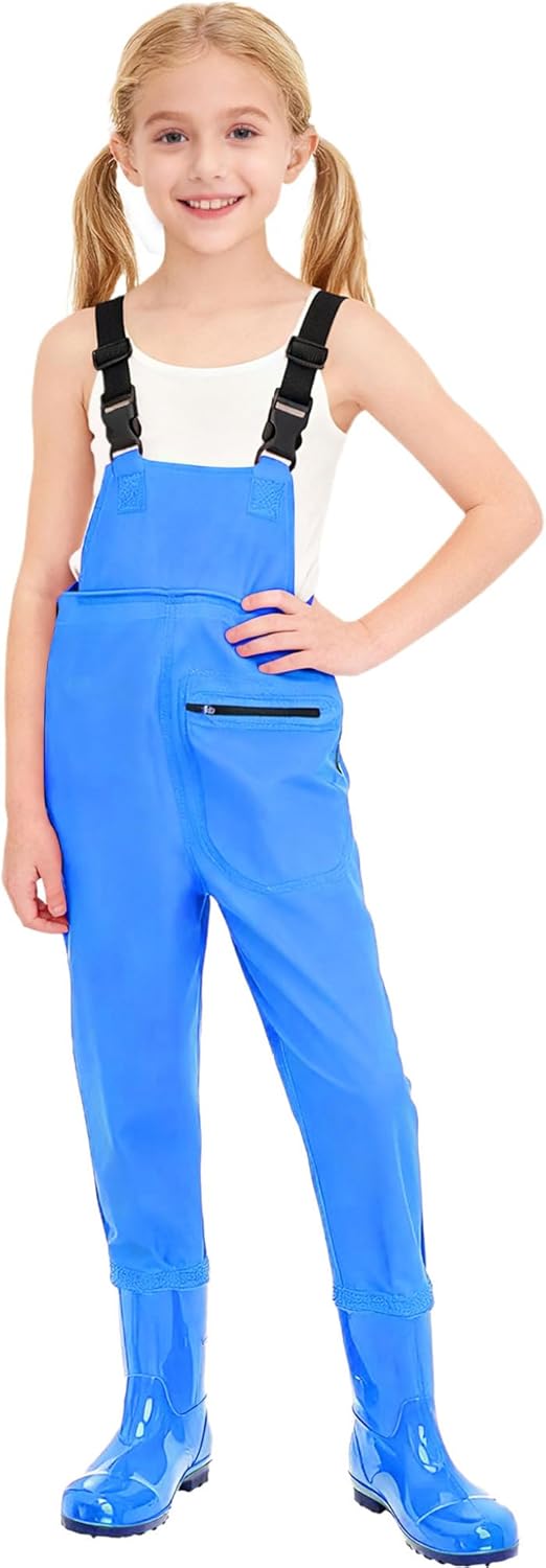 Kids Girls Lightweight Fishing Hunting Adjustable Buckle Straps Jumpsuit Waterproof Overalls with Non-Slip Boots
