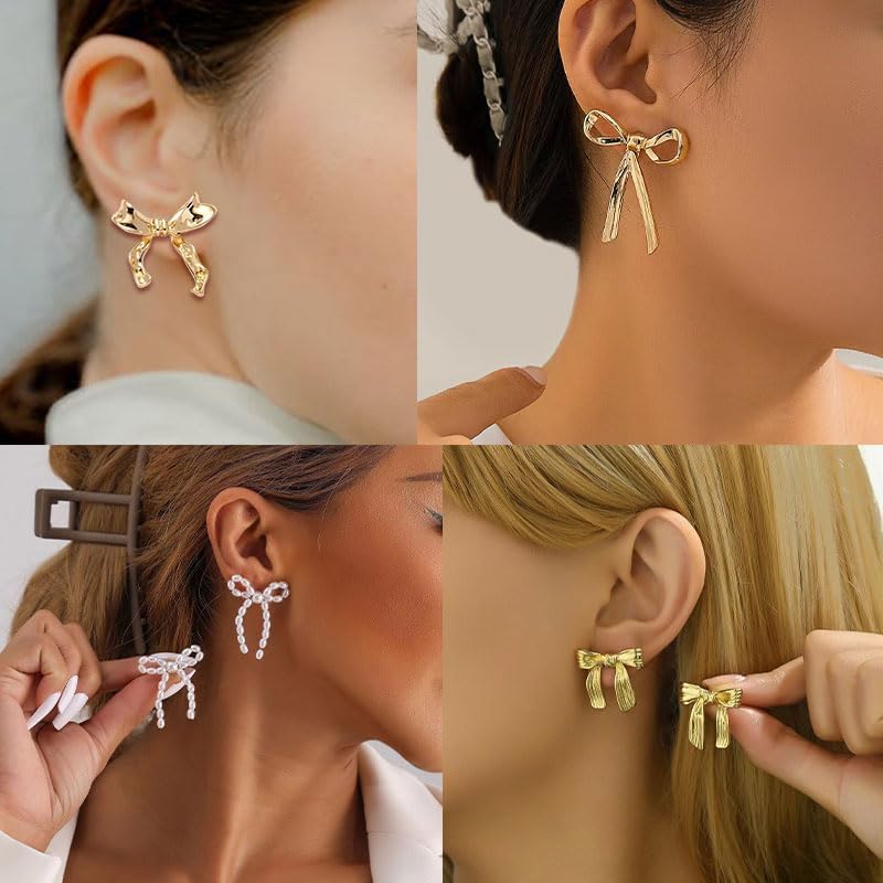 4 Pairs Bow Earrings for Women Classic Ribbon Bow Stud Earrings Gold Bow Dangle Earrings for Women - Image 7