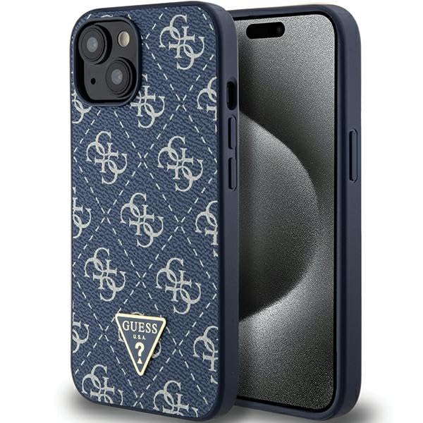 GUESS GUHCP15MPG4GPB Coque pour iPhone 15 Plus / 14 Plus 6,7 Pouces Bleu Coque Rigide 4G Triangle Métal Logo