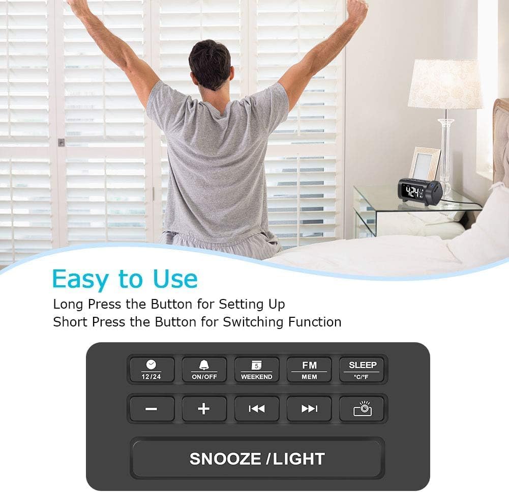 Diagram of the LIORQUE HM433A alarm clock's top panel buttons, including 12/24, ON/OFF, Weekend, FM/MEM, Sleep, °C/°F, -, +, Previous, Next, Projector, and SNOOZE/LIGHT.