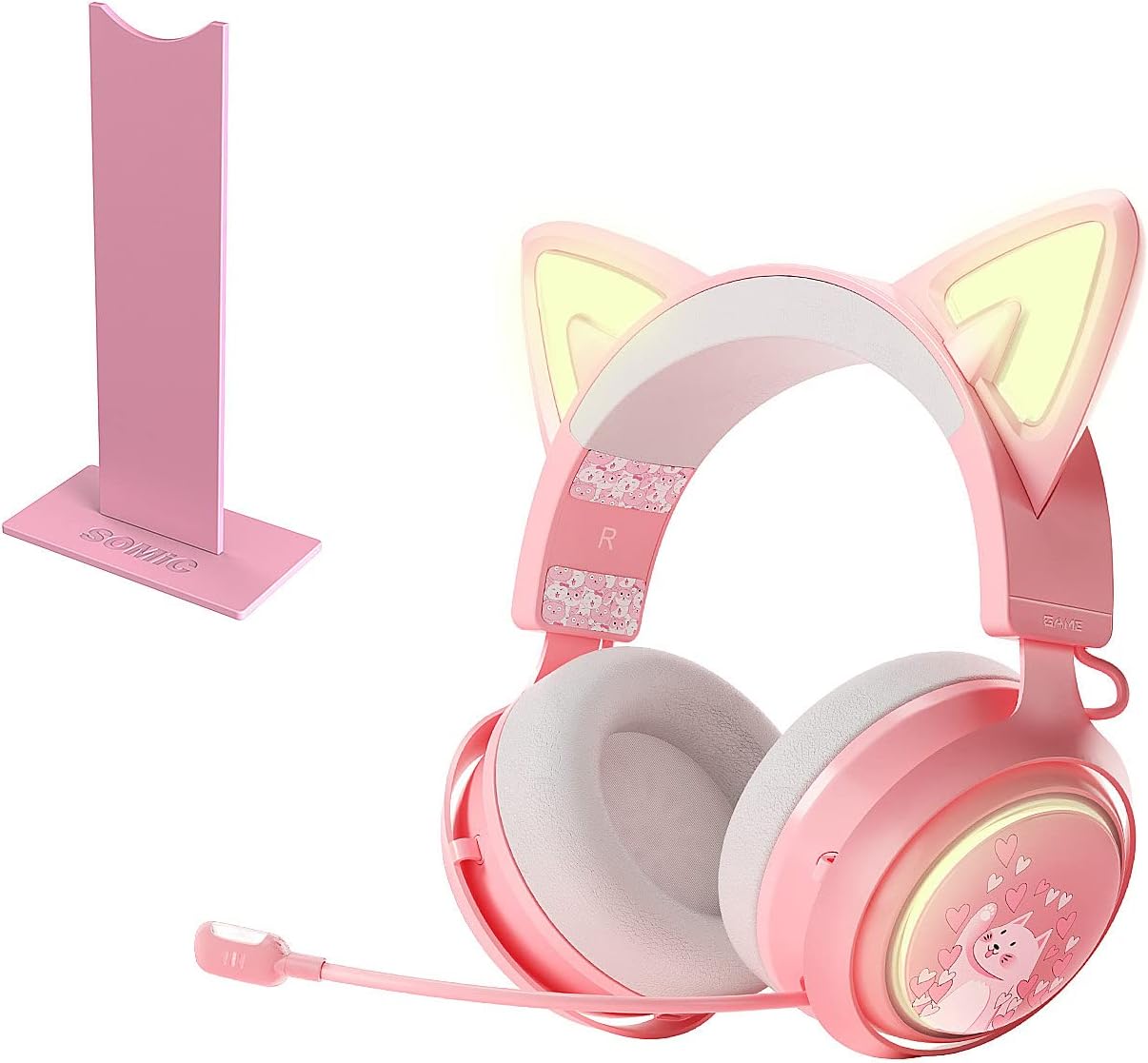 SOMIC GS510 2.4GHz Wireless Cat Ear Headset with Pink Headphone Stand, Gaming Headset with Retractable Mic Noise Cancelling, 7.1 Stereo Sound,RGB Lights for for PS5/ PS4/ PC