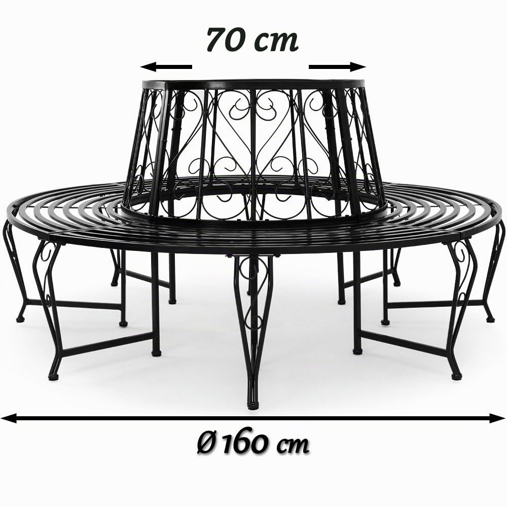 Casaria Banco de Árbol Circular 360 Grados Acero Diámetro 160cm | Resistente, Bancos Parque, Patas Curvadas, Elegante, Negro, Asiento árboles, Circunferencia 220cm máximo, Antideslizante