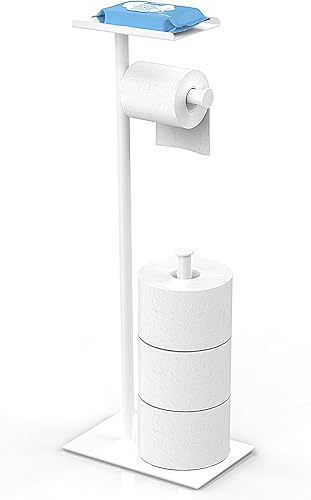 Miniatura 1 de CISILY Soporte de papel higiénico blanco con estante para teléfono, decoración de tolitos de baño. Soporte de rollo de papel de seda, almacenamiento