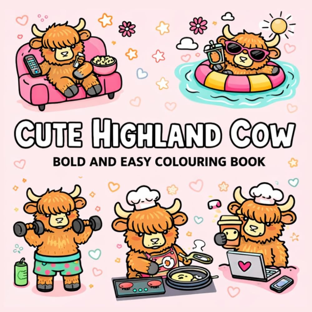 CUTE HIGHLAND COW BOLD AND EASY COLOURING BOOK: Adorable Highland Cow Colouring Pages for Teens and Adults | Cute, Simple and Relaxing Animal Designs
