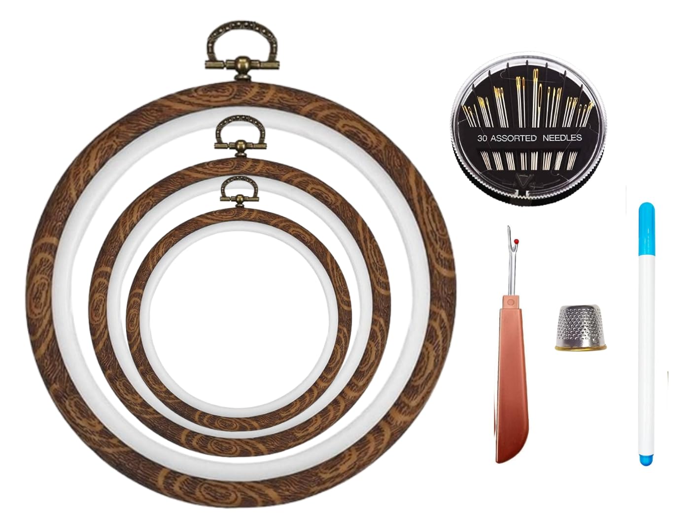Embroidery Hoop Set Round 3 Pieces (Size: 8, 6, 5 inches) with Garment Pen, Golden Eye Needles, Seam Ripper, Thimble Sewing Hoop Kit Embroidery Frames Circle Hoops Wall Hanging-image-1