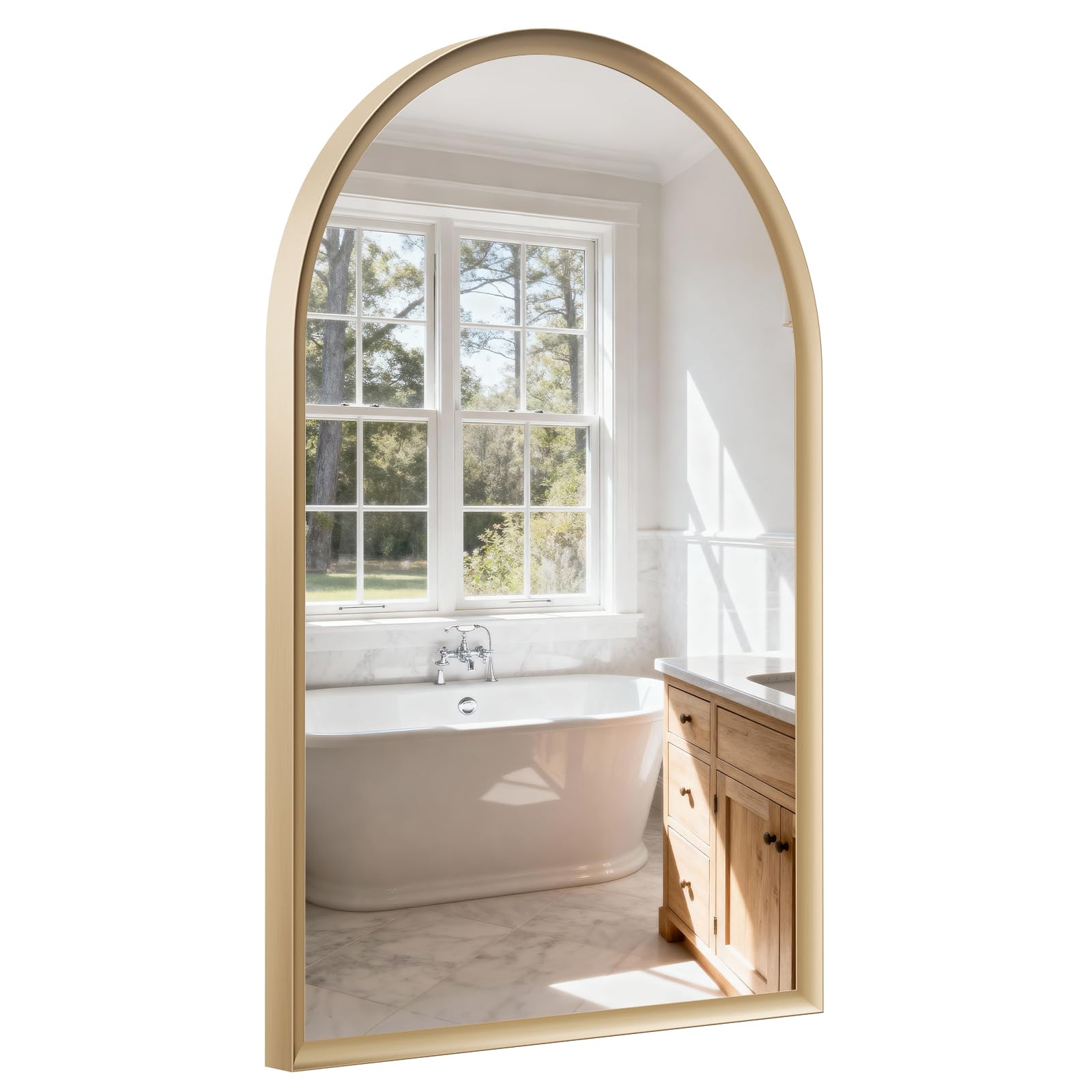View 1 of USHOWER Brushed Gold Arched Bathroom Mirror 24x36 Inch
