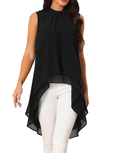 Women's High Low Tops Mock Neck Sleeveless Chiffon Blouse Tie
