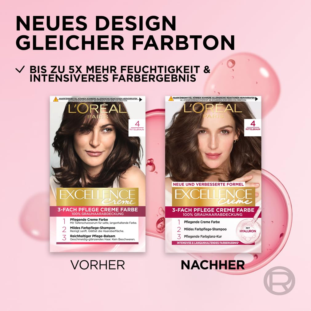 L'Oréal Paris Permanente Haarfarbe, 100% Grauhaarabdeckung, Haarfärbeset mit Coloration, Shampoo und 3-Fach Pflege Creme Farbe, Excellence Creme, 3 Dunkelbraun, 3 x 268 g