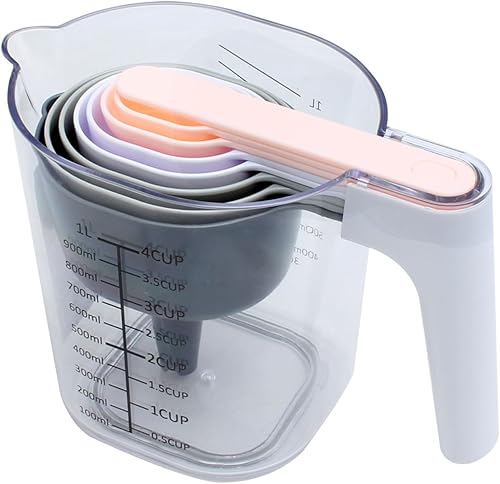 COOK WITH COLOR Juego de tazas medidoras – 9 piezas - Taza medidora líquida apilable anidable, tazas medidoras secas y cucharas con embudo y Gris y