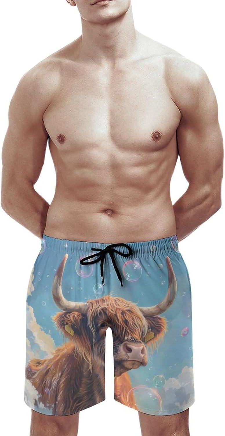 Highland Cow Clound Bubbles Casual Men's Swim Trunks Novelty Summer Beach Shorts Swimwear with Pocket
