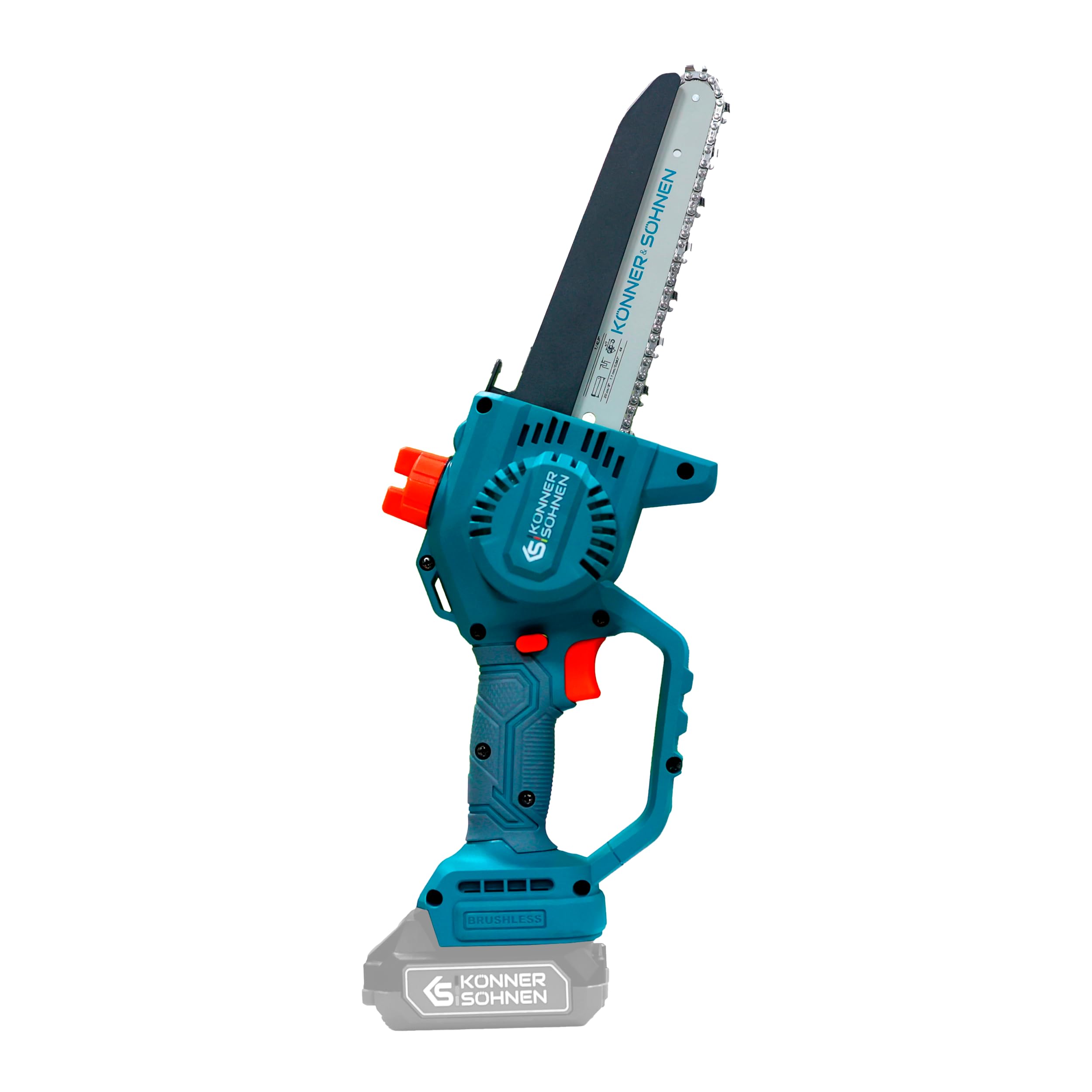 K&S Könner&Söhnen KS MCS20V-8 - Minimotosierra con batería de 8 ″ espada y 8 m/s, velocidad de la cadena, motosierra eléctrica manual con lubricación automática de cadena, sierra con batería de una