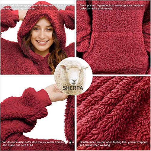 ililmmoe Sherpa tragbare Decke, Übergröße, Kapuzenpullover, Sweatshirt, TV-Decke mit Langen Ärmeln und Tasche, Weinrot One Size – Ansicht 6