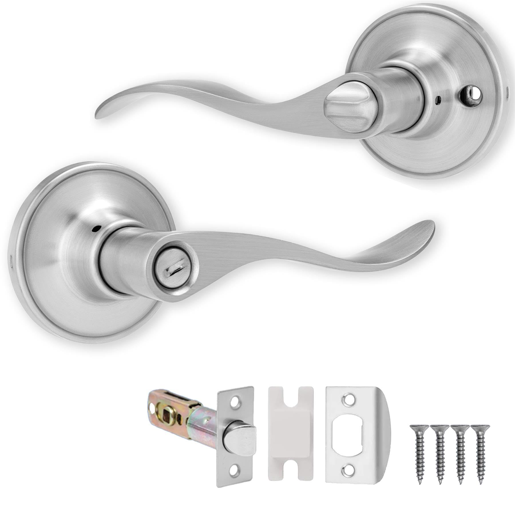 Xfort Satin Chrome Cabriole Privacy Knob Set Keyless Door Knob With Lock For Internal Wooden Bathroom Doors, Complete Set With Tubular Latch