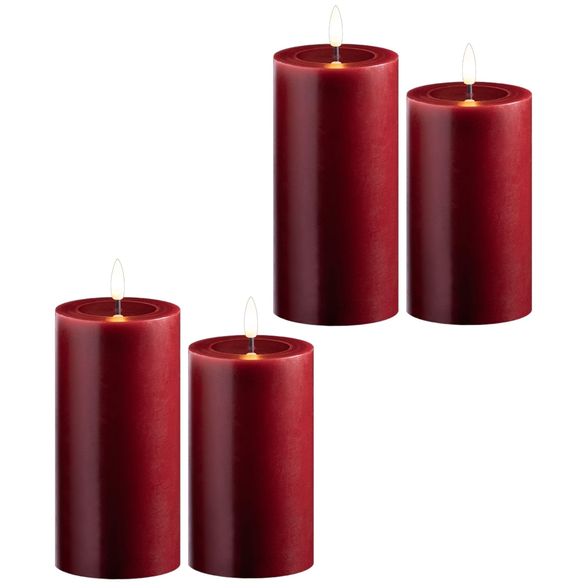 Novaliv 4er Set Led Kerzen flackernde Flamme mit Echtwachspiegel rot 7,5cm ø 2X 15 cm, 2x12,5 cm Höhe, LED Kerzen mit Timerfunktion, 2 AA Batterien nötig, LED Echtwachs Stumpenkerzen rot