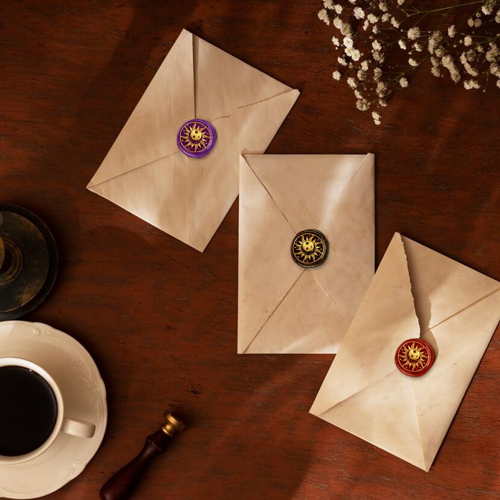 DELORIGIN Sun Moon Wax Seal Stamp 1" Vintage Sealing Stamps Removable Brass Head Seal Stamp with Wooden Handle for Envelope Greeting Card Christmas Wedding Invitations Wine Gift Wrapping - Image 3