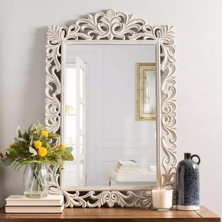 Wooden Frame Antique White, Handcarved Decorative Wall Hanging Mirror Frame for Bathroom Livingroom, 3×2 feet (Without Mirror)-image-17