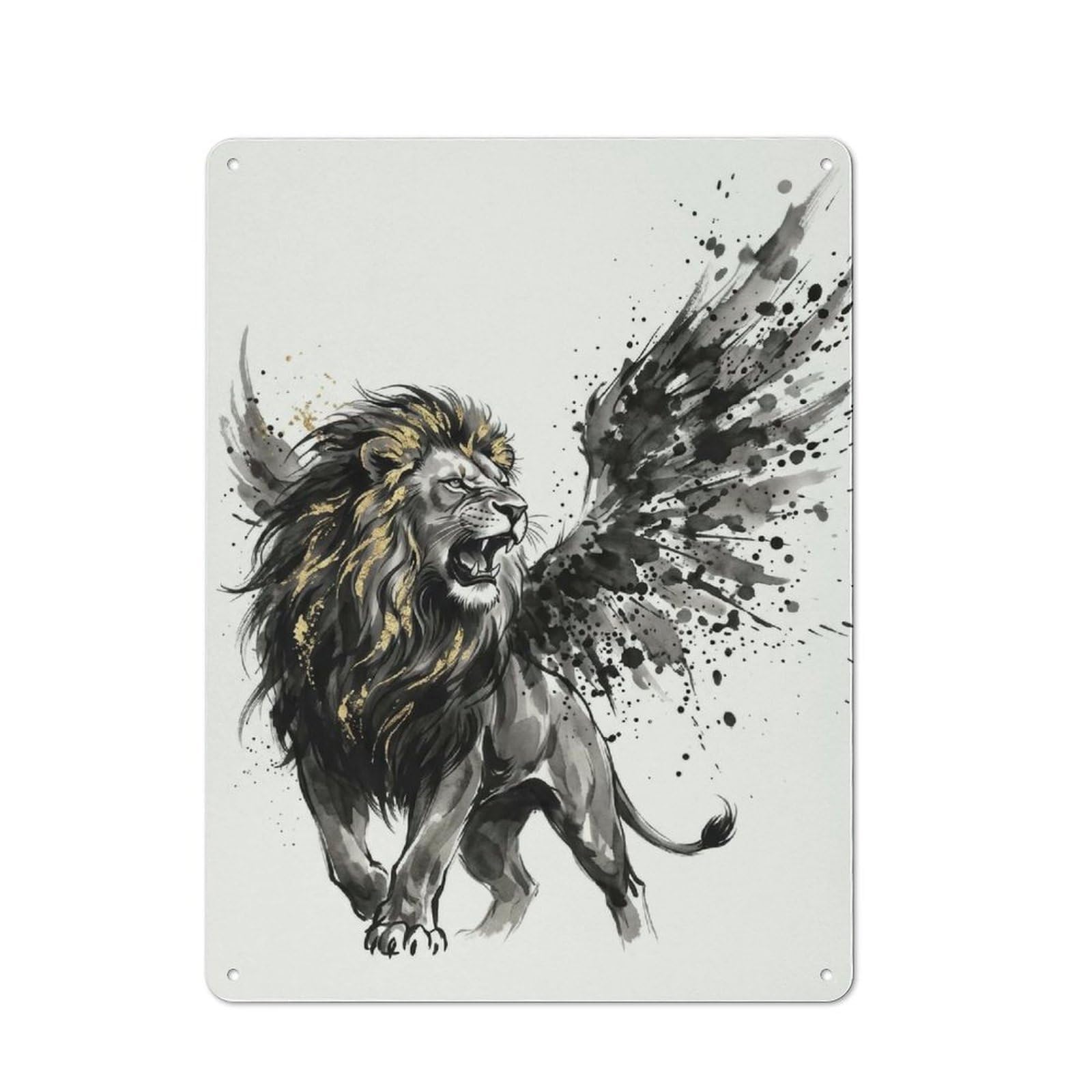 Industrial Winged Lion with Gold Accents Retro Metal Sign 40x30cm, Shed Wall Plaque for Garage, Workshop, Shed Or Utility Room