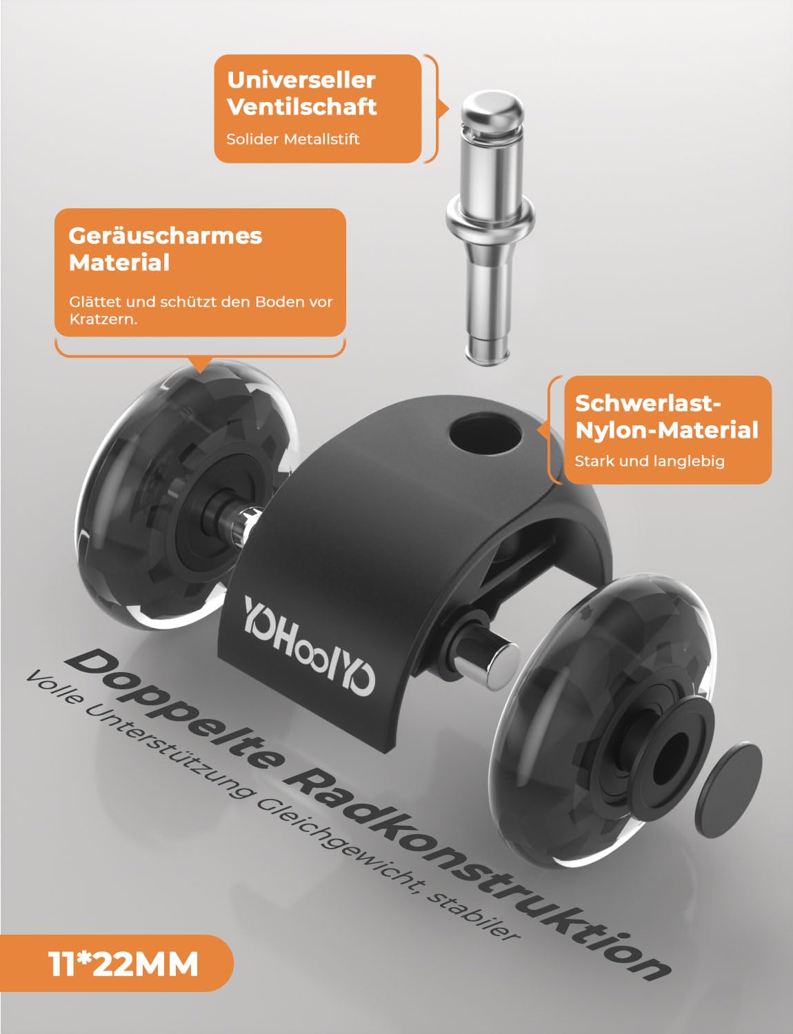 YOHOOLYO 5 Sztuk Kółek Biurowych 11x22 mm - Cicha Jazda 360°, Wytrzymałość 60 kg na Koło, Uniwersalne do Twardych Podłóg, Szybki Montaż bez Narzędzi, Bez Ryzyka Zarysowań