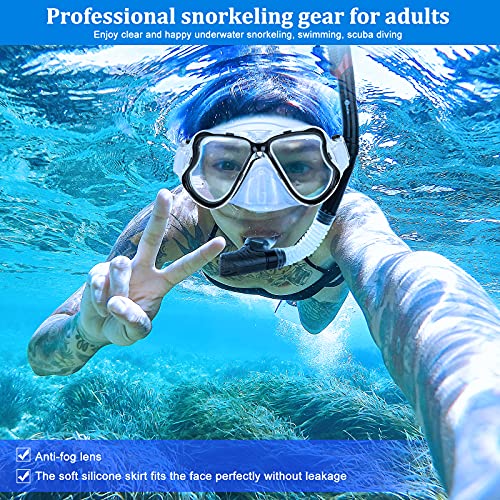 JARDIN Dry Snorkel Set, Panoramic Wide View Snorkel Mask, Anti-Fog Tempered Glass Diving Mask, Free Breathing& Easy Adjustable Strap Scuba Mask, Professional Snorkeling Gear for Adults (Light Black) - Thumbnail 7