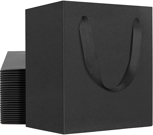 EUSOAR Bolsas de papel negras a granel, paquete de 25 bolsas de papel resistentes de 4 x 2.75 x 4.5 pulgadas con asas, para negocios, comestibles,