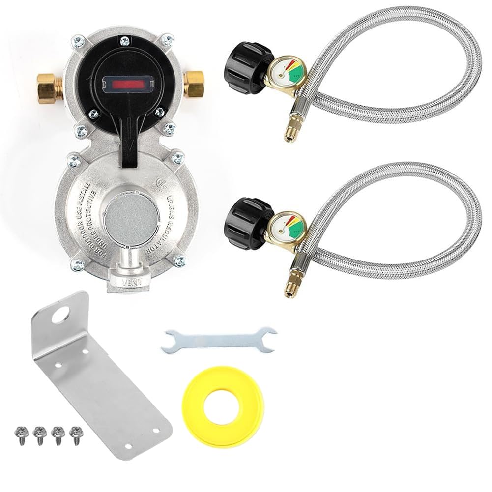 Régulateur de Propane RV avec Tuyau, Régulateur de Gaz Propane LP à Changement Automatique Robuste à 2 Réservoirs avec Jauge