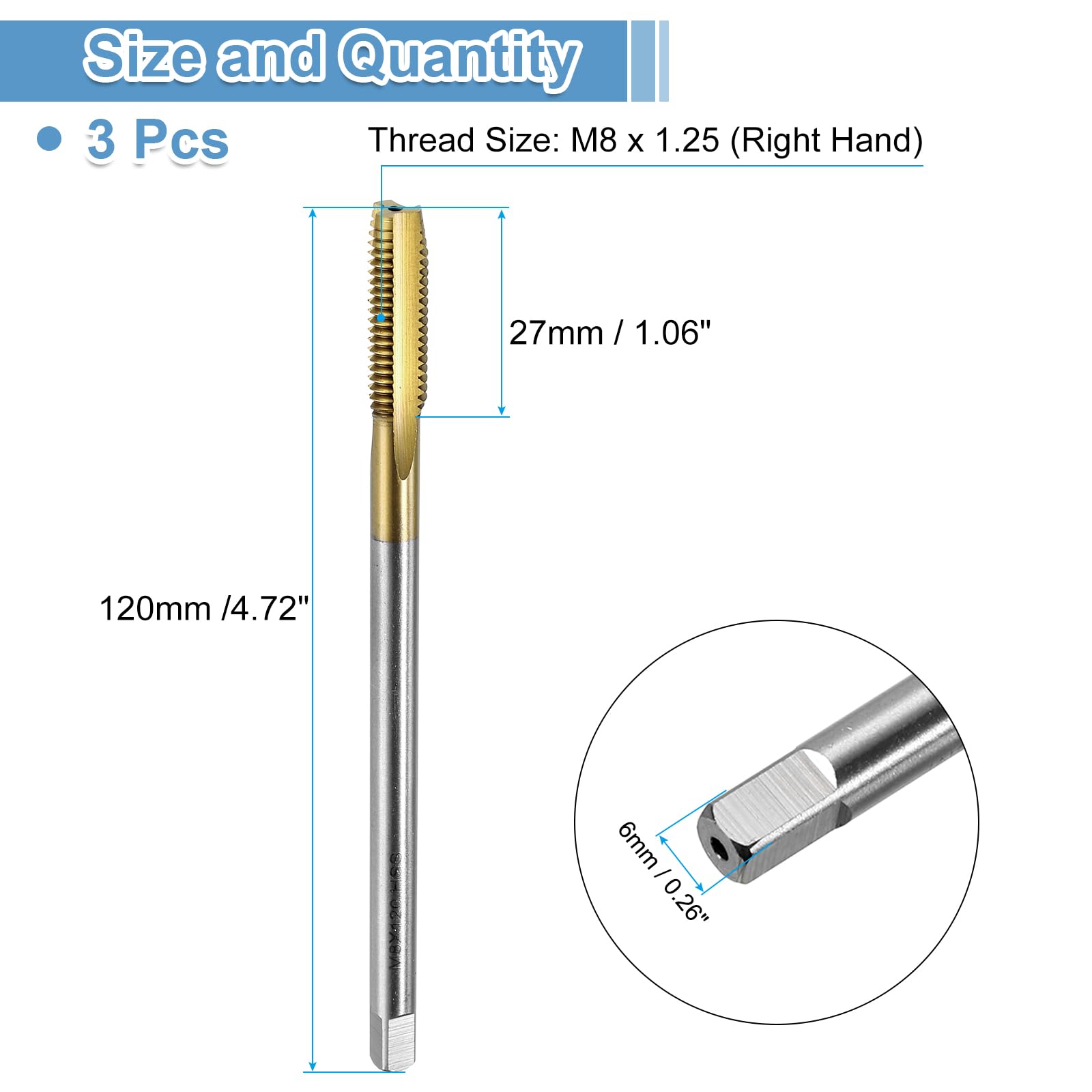 QUARKZMAN 3pcs Machos Roscar, M8 X 1.25 120Mm Extra Largo Métricos Recubiertos Titanio Herramientas Roscado de Tornillos para Máquinas de Roscado, Acero de Alta Velocidad 6542 (Hss 6542)