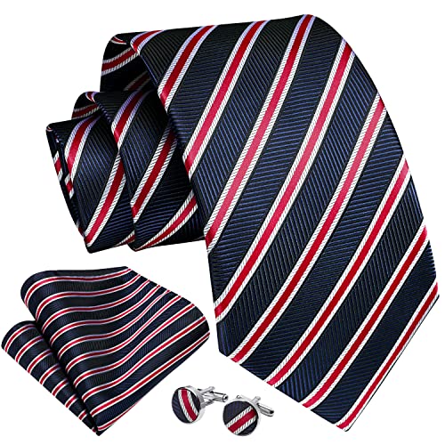 Image of Enlision Mens Ties Stripe Tie and Pocket Square Set Classic Formal Woven Neckties Handkerchief Cufflinks Wedding