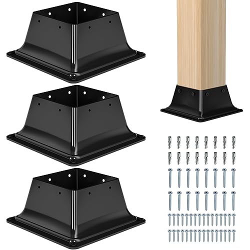 4x4 Post Base 3Pcs-Inner Size 3.6x3.6-Heavy Duty Metal Post Brackets-Deck Post Anchors-Solid Steel-Powder Coated-Wood Post Holder for Porch Handrail Railing Pergola Fence Pavilion-Support Deck Base