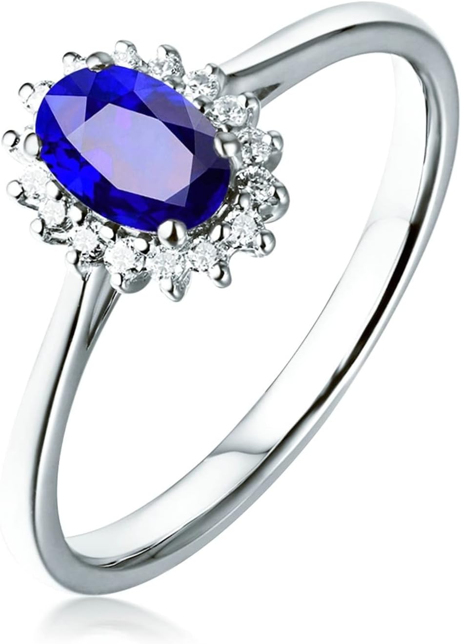 Engagement Ring 18K White Gold, Dainty Rings Vintage Blue Flower Shape Oval Cut Blue Sapphire Jewelry Ring Promise Gifts for Women