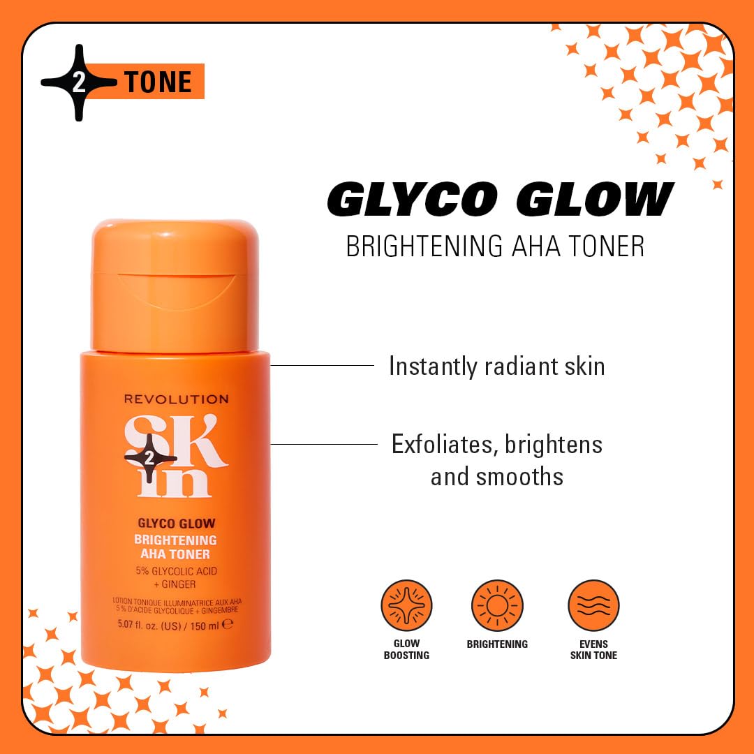 Revolution SKin Glyco Glow rozjaśniający tonik do twarzy, rozświetlający skórę, dla wegan i zwierząt, 150 ml