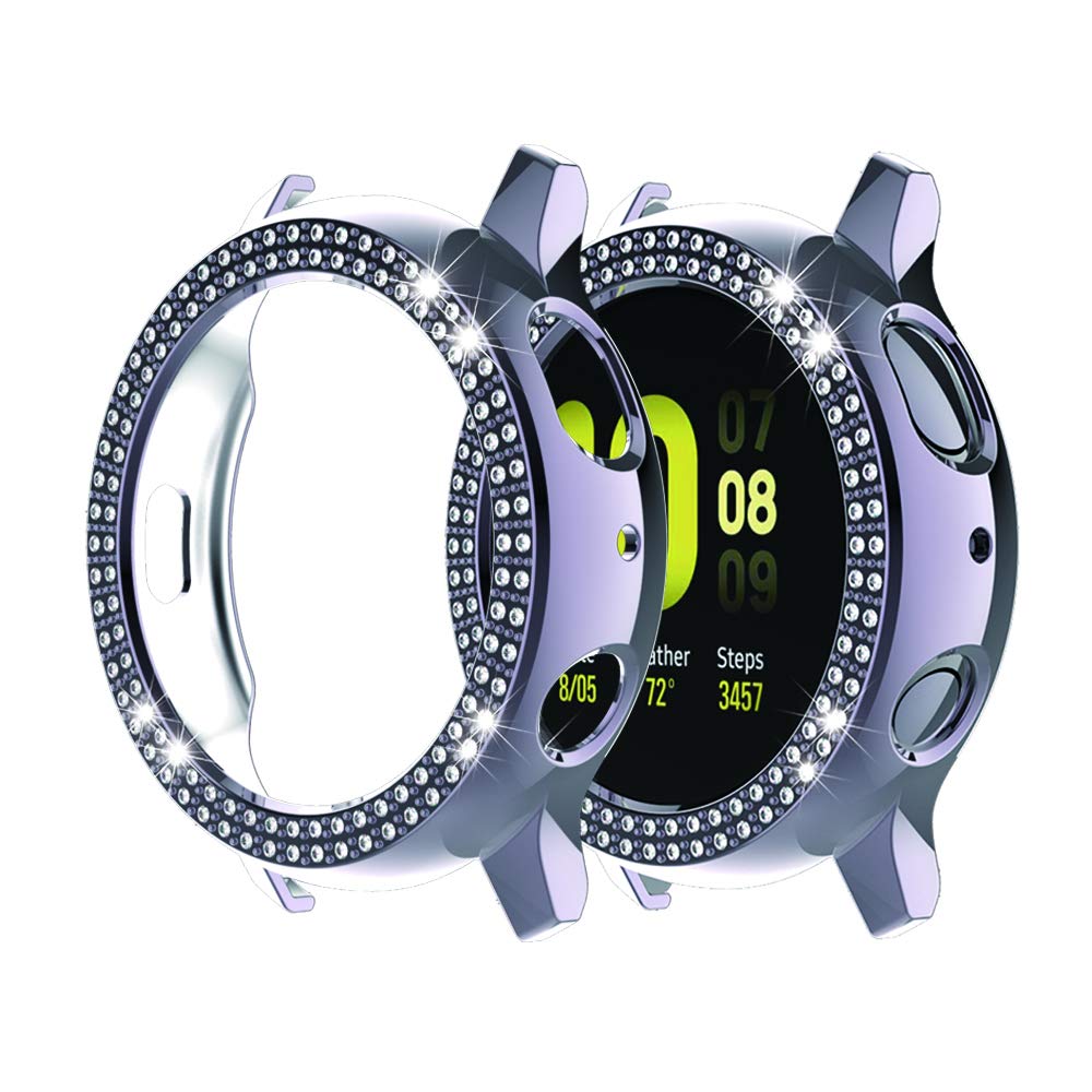 Compatible for Galaxy Watch Active 2 40mm 44mm Double Row Diamond PC Plating Bumper Case Bling Crystal Diamonds Shiny Glitter Frame Hard Protective Shell Cover (Gray, Active 2 44mm)