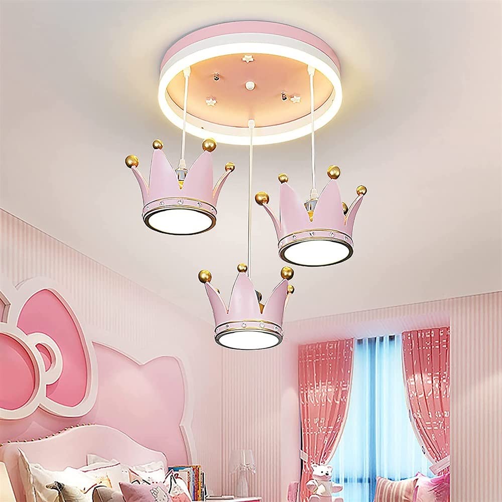 ZYFSHA Blisko lamp sufitowych Żyrandol sufitowy z różową koroną Nowoczesna sufitowa do pokoju księżniczki z kreskówek z pilotem dla chłopców i dziewcząt Sypialnia przedszkole,