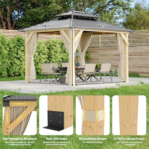 Garvee 10x12 ft Hardtop Gazebo with Nettings and Curtains, Wood Grain Heavy Duty Double Roof Galvanized Steel Outdoor Combined of Vertical Stripes Roof for Patio, Backyard, Deck, Lawns, Khaki - Image 3