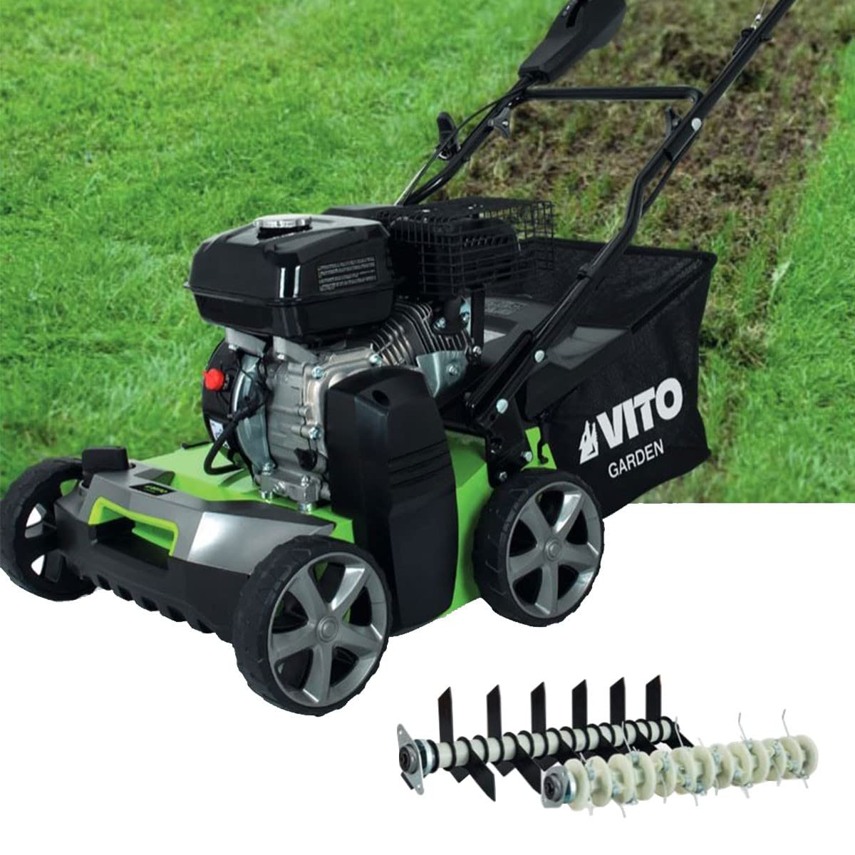 VITO Escarificador de gasolina con 212 cm³ / 5,4 CV - cesto de 45L - aireador de césped - eliminador de musgo - quitamusgos - 40 cm de ancho de trabajo - motor de 4 tiempos - 4 kW de potencia - 17