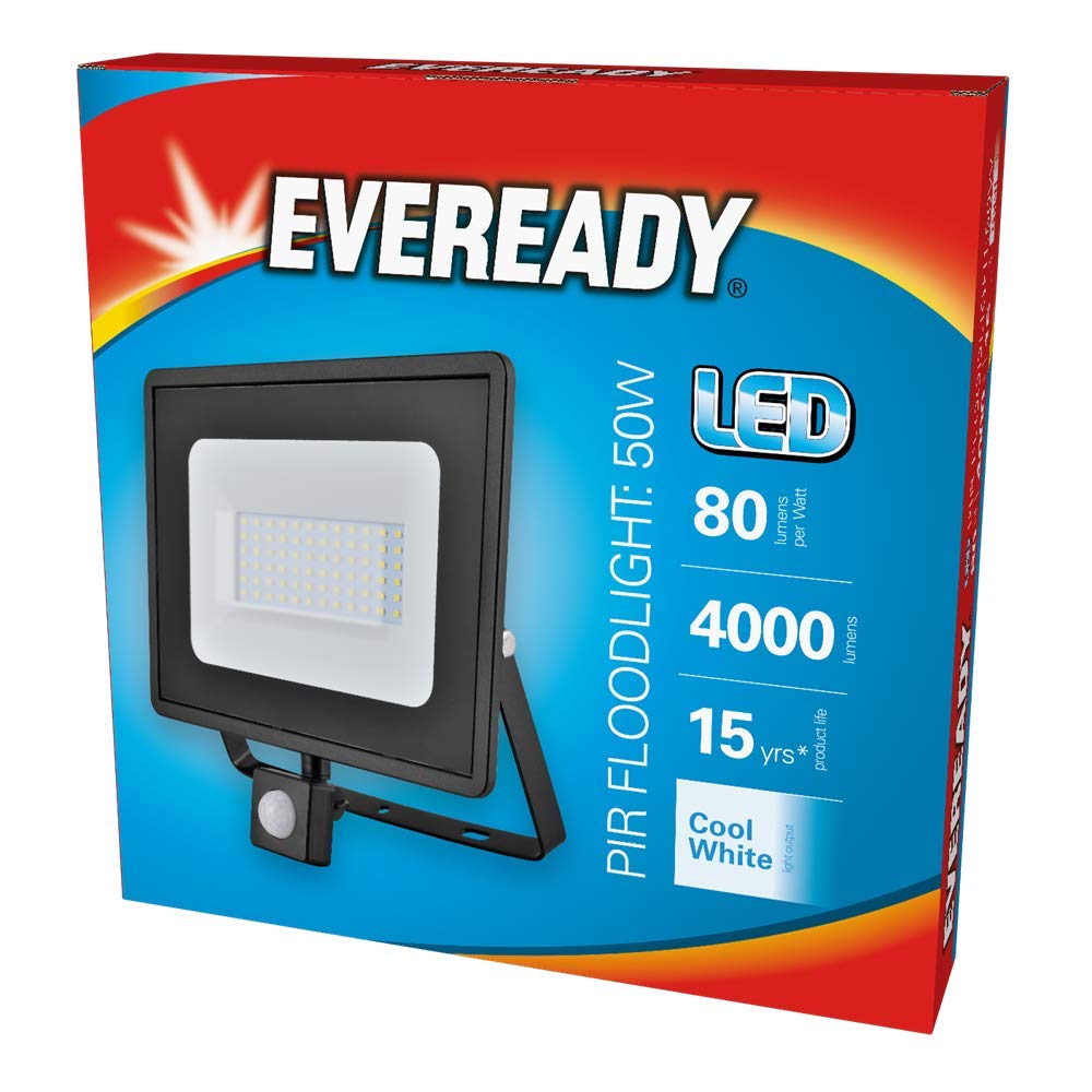 Eveready Black S13951-50W, Body, Ip65, 4000K Cool White, 4000Lm Lumens, Pir Motion Sensor, Led Floodlight